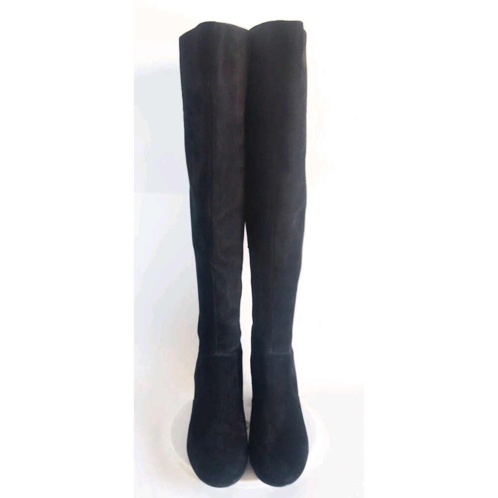 Nine West Knee‎ High Boots Size 7.5 Black Suede Leather Block Heel Zip Riding - Picture 9 of 16